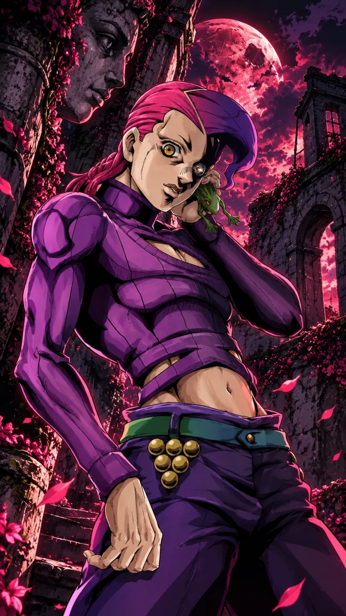 紫色の衣装を着て、暗く荒廃した場所で小さな緑のカエルを耳に当てているJoJo's Bizarre AdventureのDoppio。