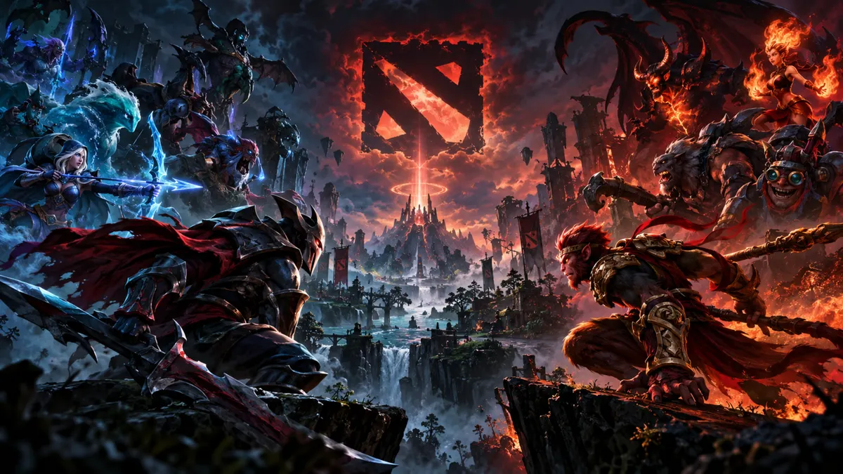 Personajes de Dota 2 luchando en acantilados rocosos con un logotipo rojo brillante del juego y un entorno de fantasía oscura en el fondo