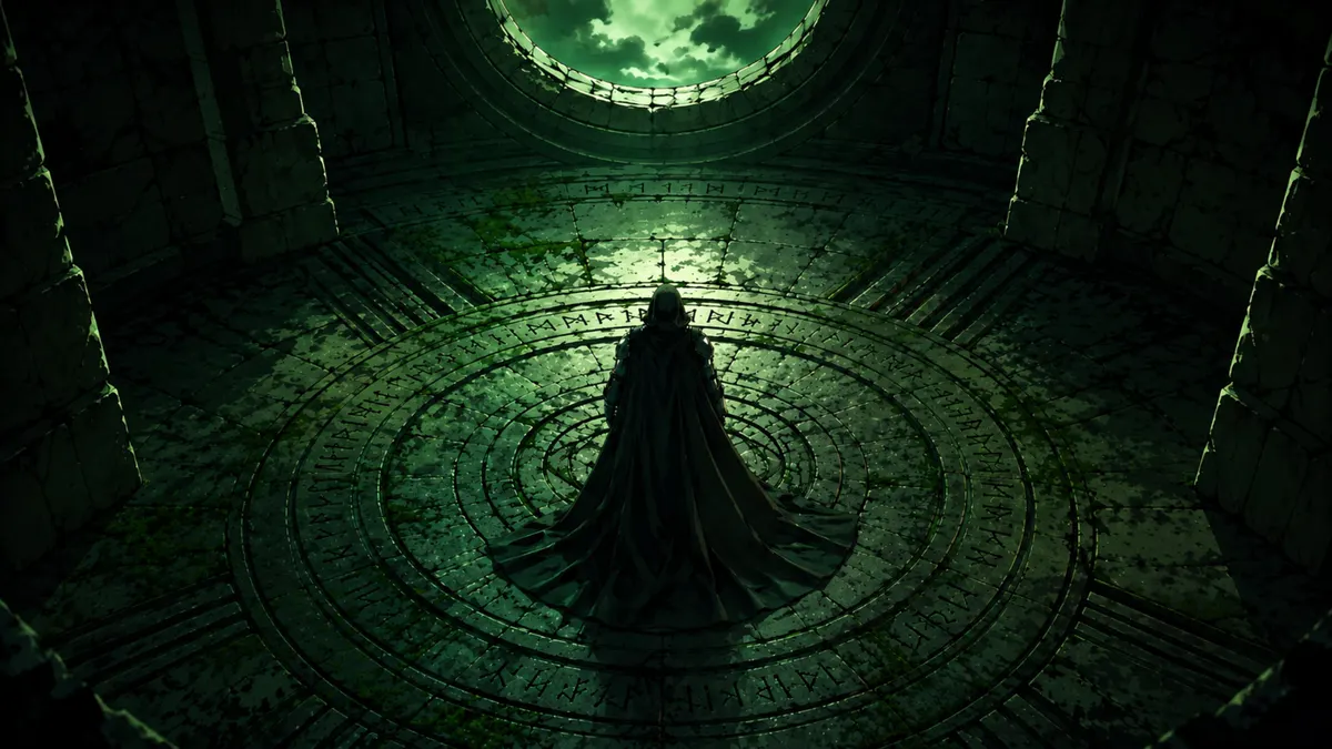 Dr Doom de pie en una oscura habitación de piedra con una capa larga y runas verdes brillantes en el suelo