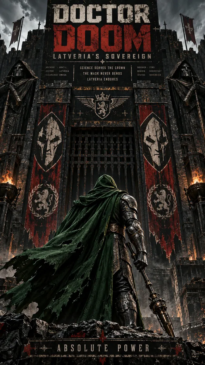 Doctor Doom de pie frente a la puerta de un castillo oscuro, sosteniendo un bastón con estandartes y banderas colgando de las paredes de piedra.