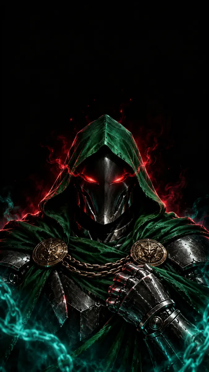녹색 후드 망토와 빨간색으로 빛나는 눈이 있는 금속 마스크를 착용한 Dr Doom, 빨간색과 청록색 연기에 둘러싸여 있음.