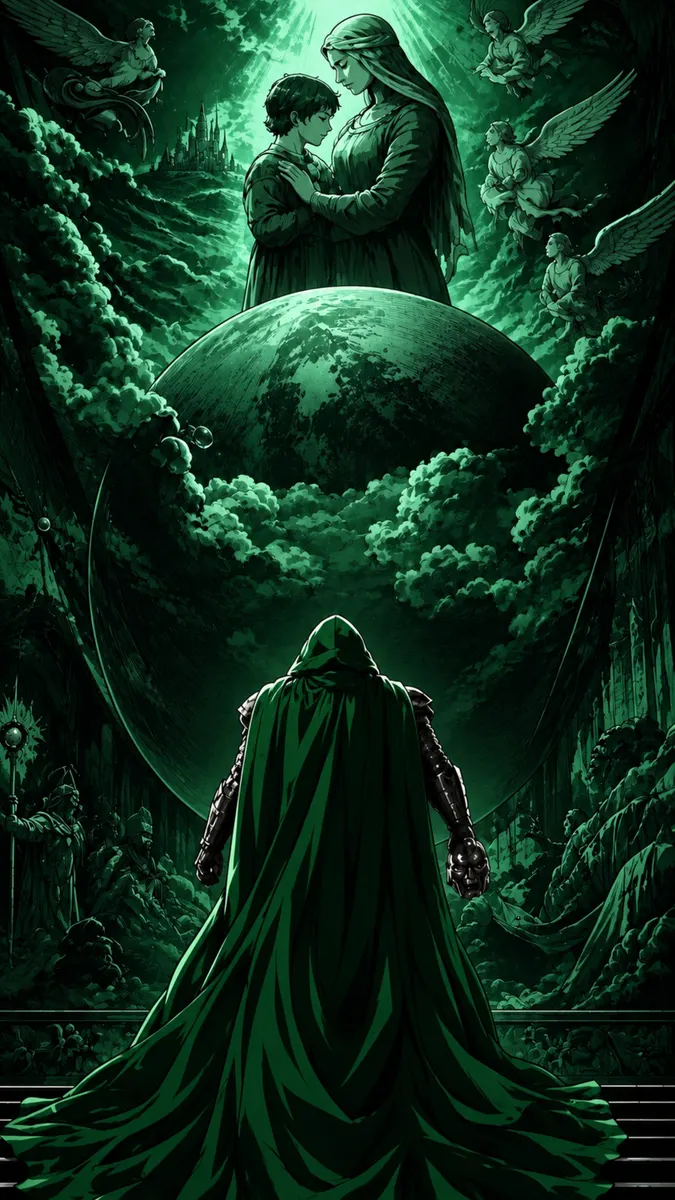 Dr Doom de espaldas con una capa verde, mirando una gran luna con una mujer y un niño apareciendo sobre él.