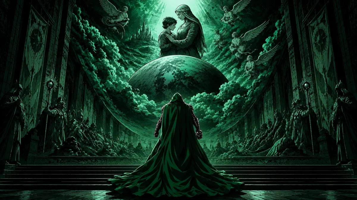 Dr Doom wearing a green hooded cloak standing in a grand hall looking at a floating sphere and ghostly figures