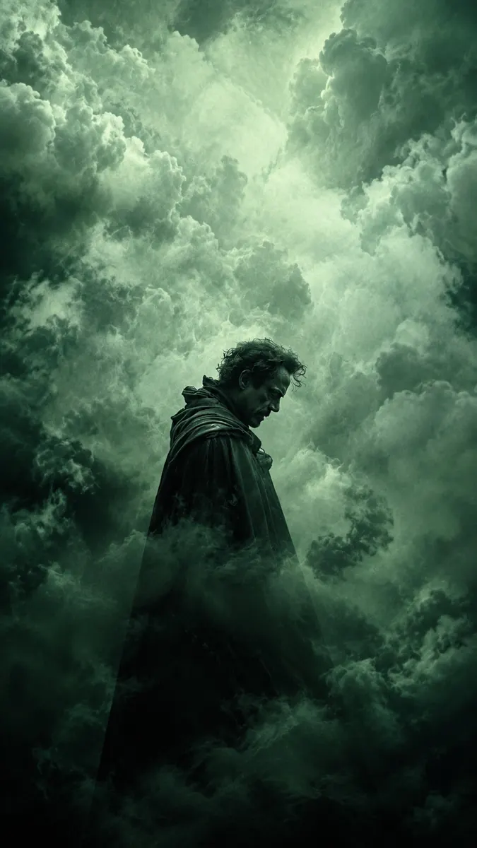 Dr Doom vistiendo una capa oscura con la cabeza inclinada, rodeado de densas y arremolinadas nubes verdes en una atmósfera melancólica.