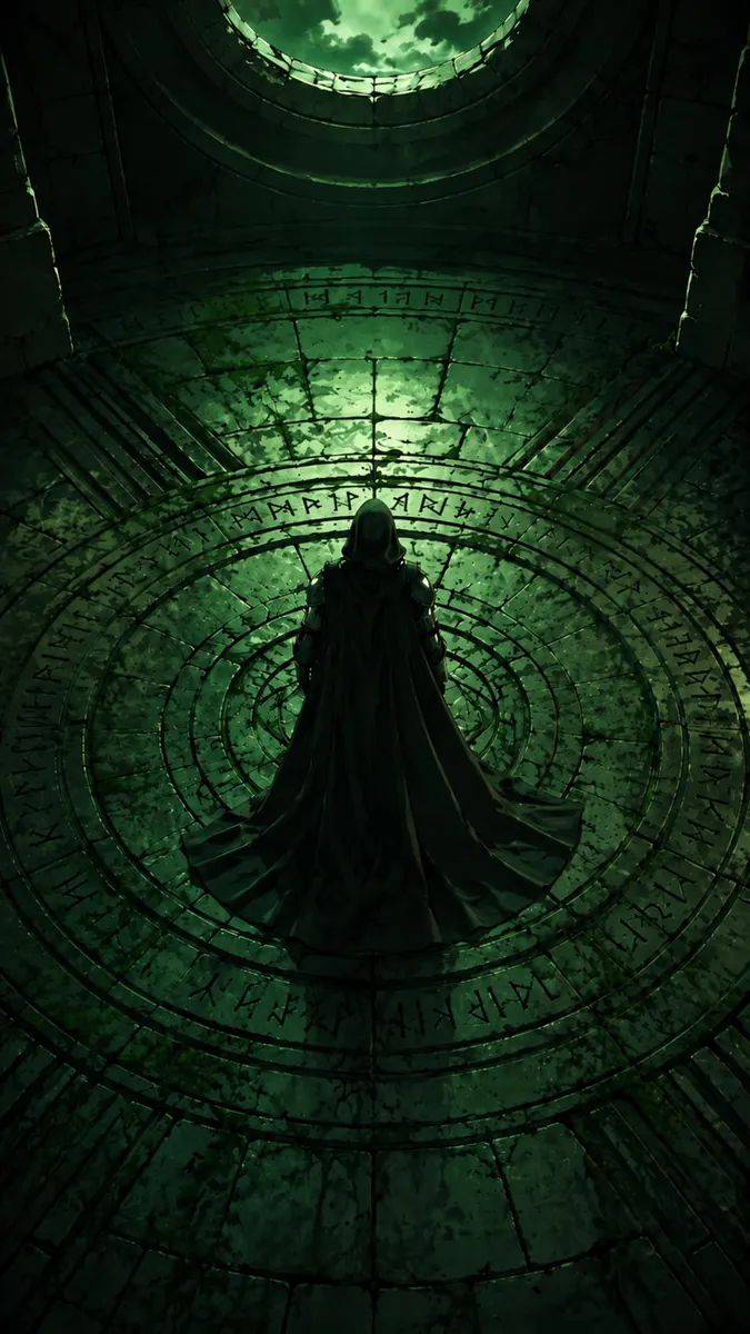 Dr Doom van achteren gezien, staand in het midden van een ronde stenen kamer met gloeiende groene runen op de vloer
