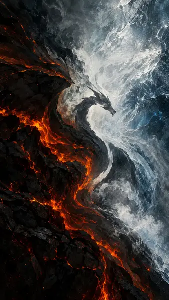Een donkere drakenvorm gepositioneerd tussen een kant van stromende oranje lava en een kant van turbulent blauw water.