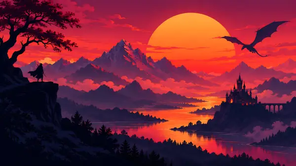 خلفية تنين يطير فوق قلعة عند غروب الشمس wallpaper