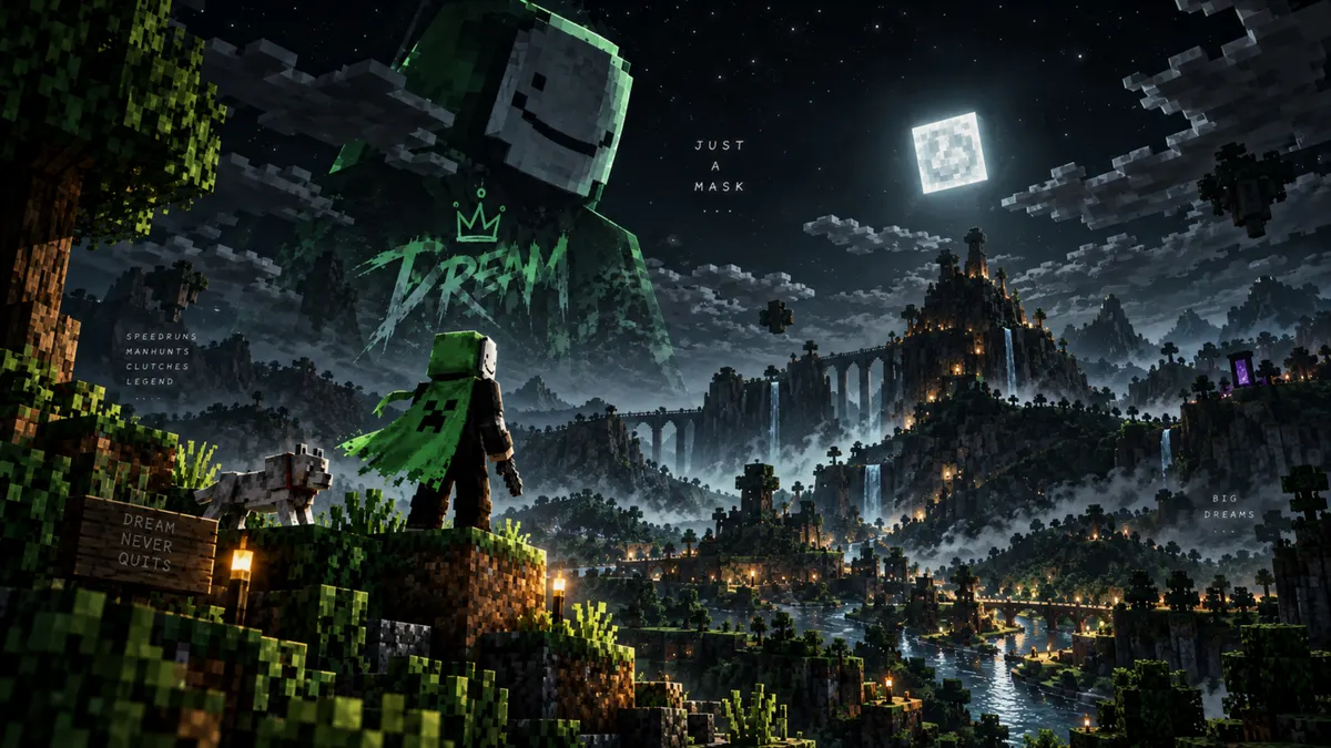 Karakter Minecraft Dream mengenakan jubah hijau berdiri di tebing berumput memandang pemandangan kotak-kotak gelap di malam hari
