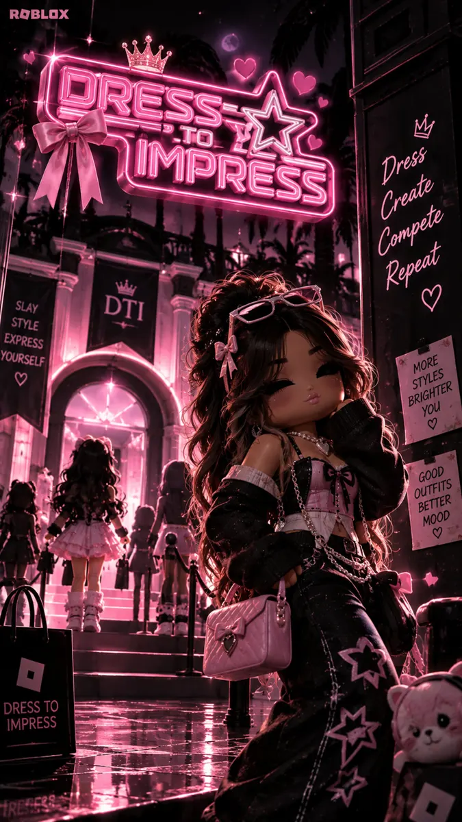 Ein Roblox-Charakter mit einer Hose mit Sternenmuster und einer rosa Handtasche vor einem neonfarbenen Dress to Impress-Schild.