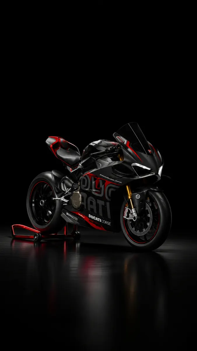 Una motocicleta Ducati Panigale negra con detalles en rojo aparcada sobre un soporte contra un fondo oscuro.
