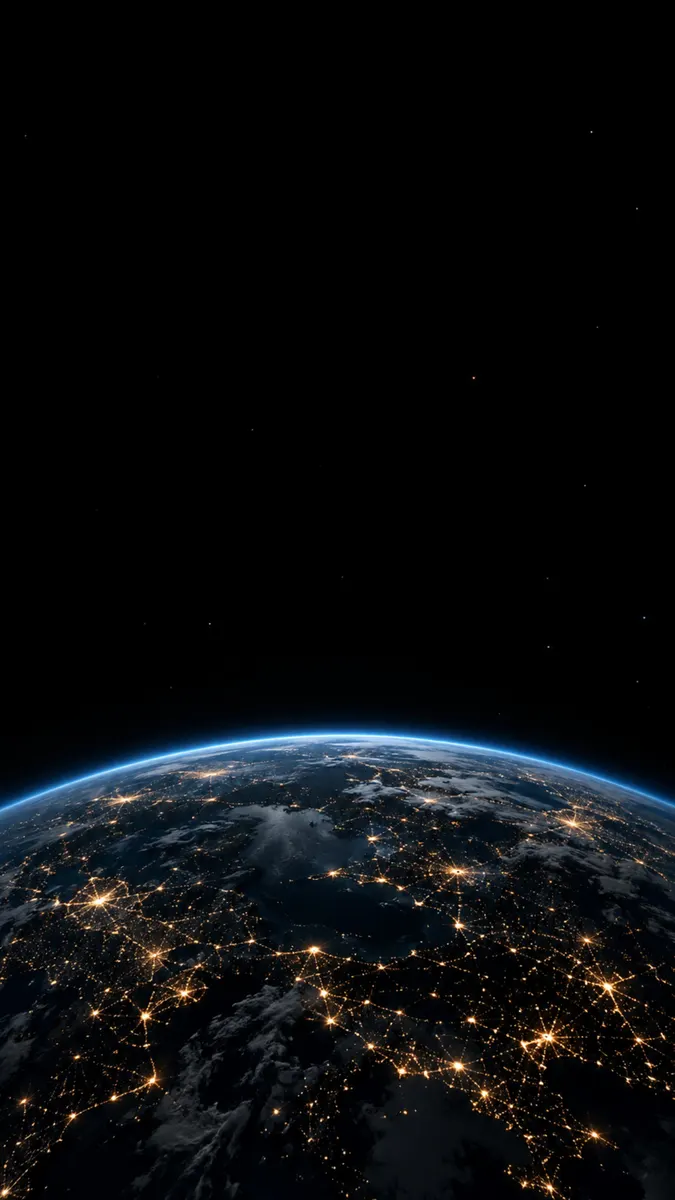 Une vue de la Terre courbe depuis l'espace la nuit avec des lumières de ville brillantes brillant contre la surface sombre et le ciel noir.