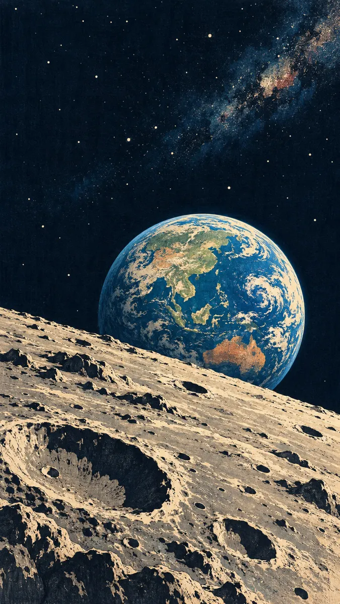 La Terre bleue suspendue dans l'espace au-dessus de la surface grise, rocheuse et cratérisée de la Lune.