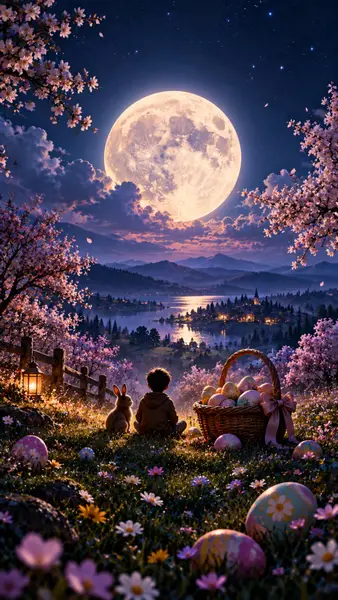 Un bambino e un piccolo coniglio seduti in un campo di fiori con un cesto di uova di Pasqua sotto una grande luna piena.