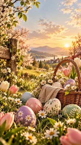 Un cesto di vimini contenente uova di Pasqua con motivi floreali si trova in un prato erboso pieno di margherite bianche e tulipani rosa al tramonto.
