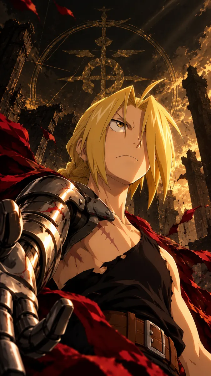 Edward Elric con cabello rubio y un brazo mecánico extendido, vistiendo un abrigo rojo frente a torres de piedra oscuras y en ruinas.