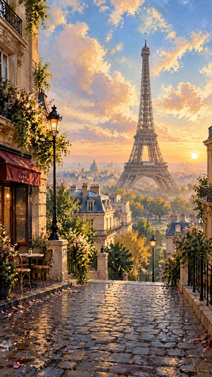Gün batımında Paris binalarının üzerinde yükselen Eiffel Tower, solda bir kafe terası bulunan parke taşlı bir sokaktan görünüm.