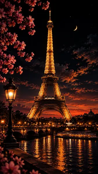 Der beleuchtete Eiffelturm bei Nacht mit einer Mondsichel, Kirschblüten im Vordergrund und einem Boot auf dem Wasser.