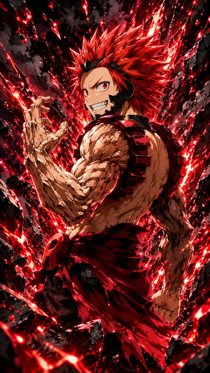 Eijiro Kirishima dengan rambut merah runcing dan lengan berotot yang mengeras, menyeringai sambil dikelilingi oleh energi merah yang bersinar dan bebatuan gelap yang tajam.