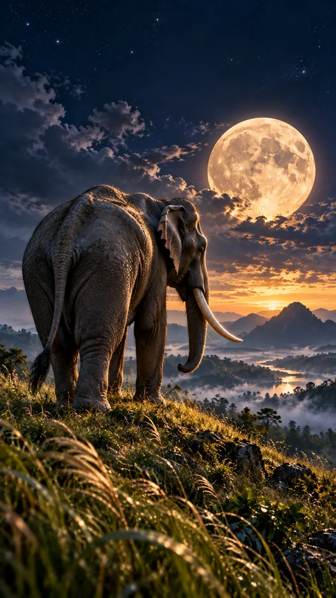 Un grand éléphant se tient sur une colline herbeuse la nuit, surplombant une vallée brumeuse sous une pleine lune brillante.