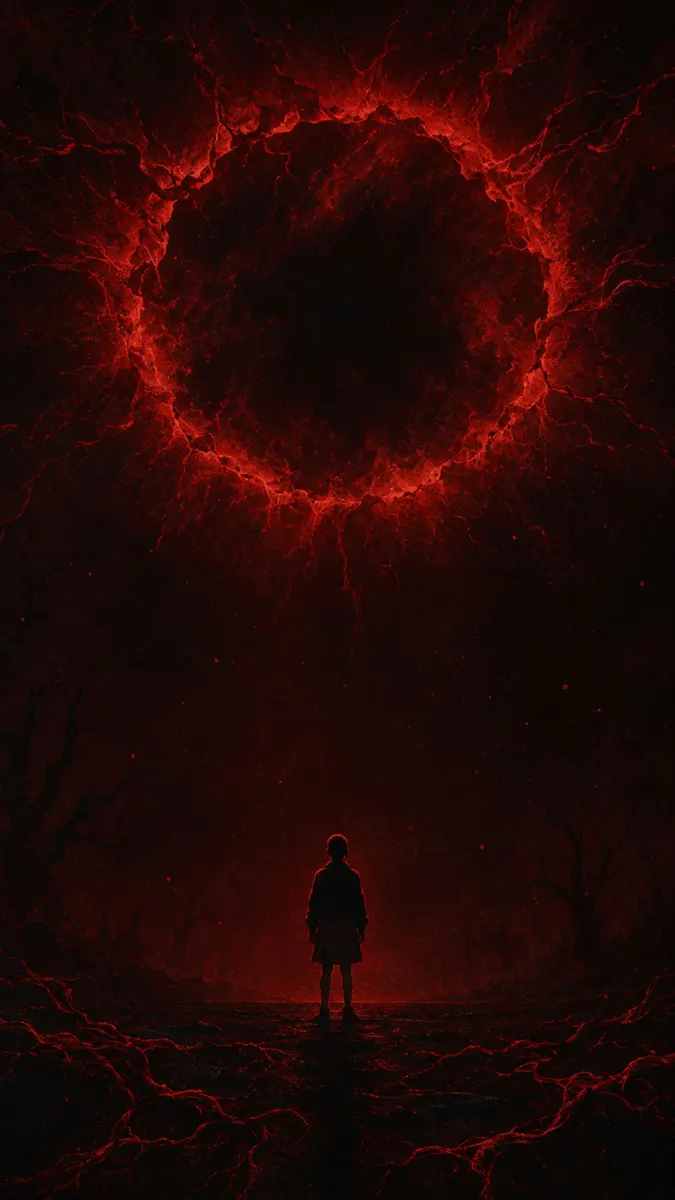 Eleven de pie en silueta ante un gran portal rojo giratorio en un entorno oscuro y desolado.