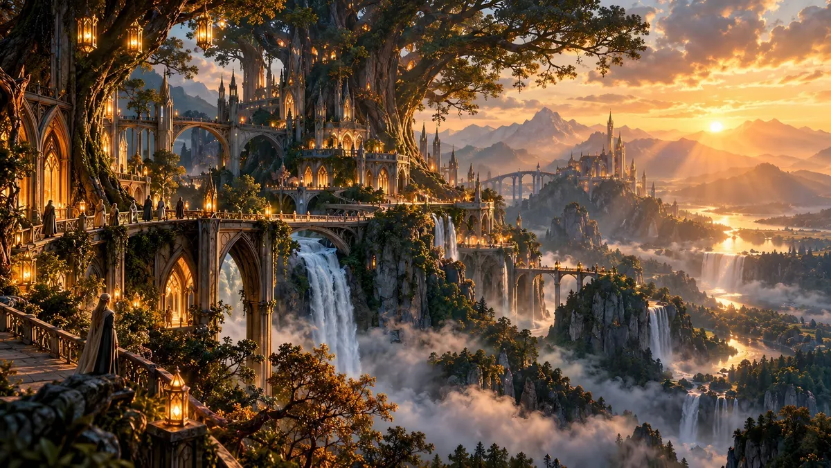 Cité elfique fantastique construite dans un arbre géant avec architecture en pierre, lanternes lumineuses et cascades au coucher du soleil