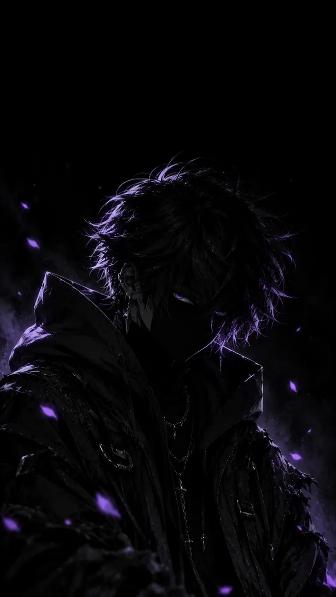 Um personagem de anime misterioso com cabelo bagunçado, jaqueta escura com capuz, olhos roxos brilhantes e pétalas roxas flutuando no ar.