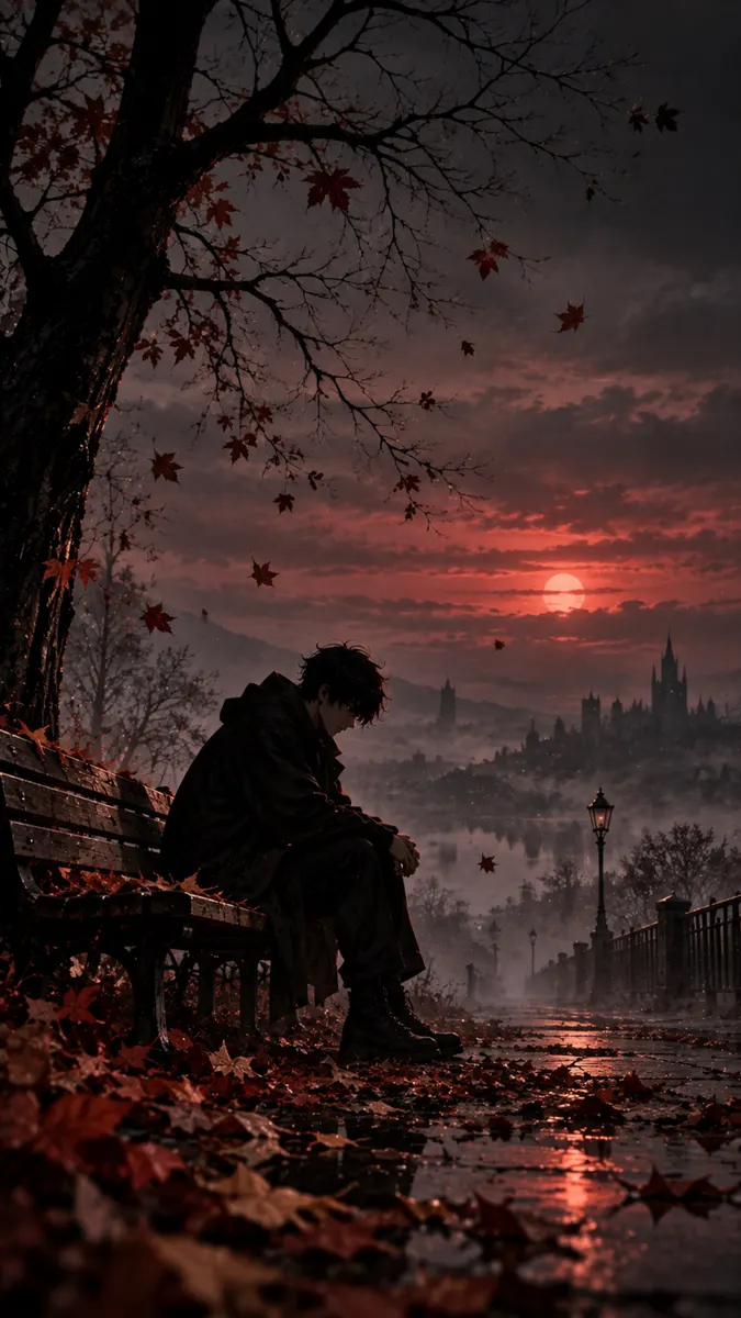 Eine einsame Person in einem dunklen Kapuzenpullover sitzt auf einer Bank unter einem Baum mit fallenden Herbstblättern bei Sonnenuntergang
