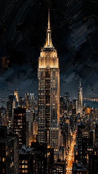 لوحة زيتية لمبنى Empire State Building المضاء ليلاً مع ضربات فرشاة سميفة وخلفية أفق مدينة مظلمة.