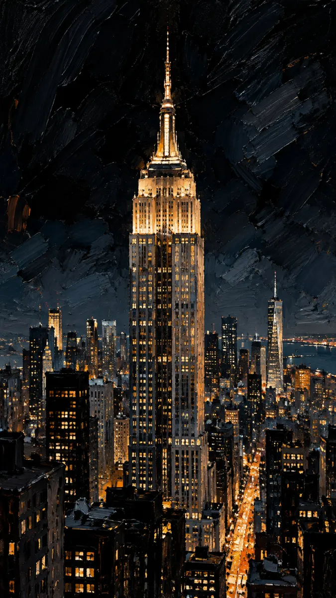 두꺼운 붓터치와 어두운 도시 스카이라인 배경이 있는 밤에 조명이 켜진 Empire State Building의 유화.