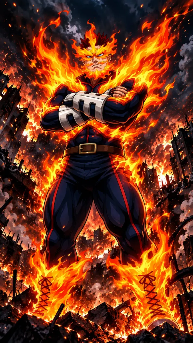 Endeavor van My Hero Academia met een brandend hoofd en lichaam, staat met gekruiste armen in een brandende stad.