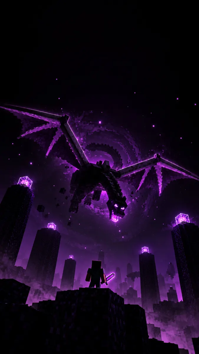 Игрок Minecraft с мечом стоит перед большим Ender Dragon, летящим над обсидиановыми столбами в темно-фиолетовом измерении Энд.