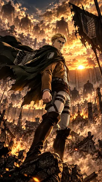 Erwin Smith uit Attack on Titan staand op puin in zijn uniform met een groene cape en titanen op de achtergrond