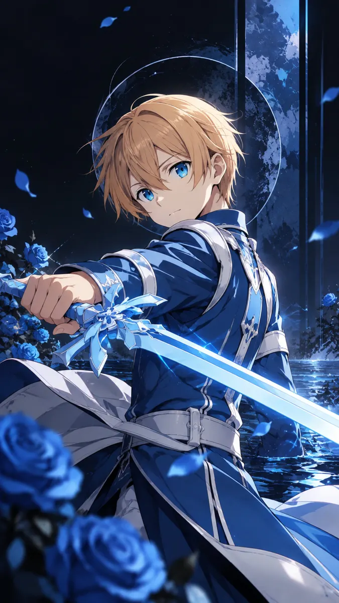 Eugeo بشعر أشقر وعيون زرقاء يحمل سيفاً متوهجاً، ويرتدي زياً أزرق في حقل من الزهور الداكنة.