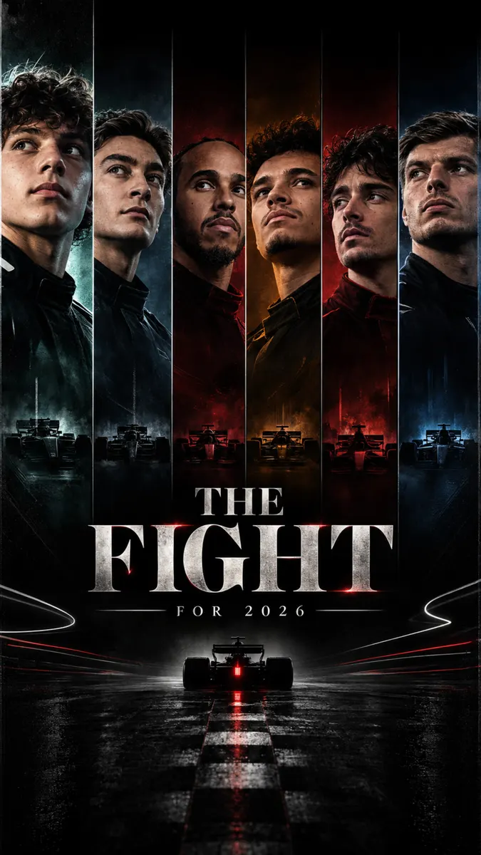 Seis pilotos de Fórmula 1 en paneles verticales separados sobre una pista de carreras oscura con el texto The Fight for 2026.