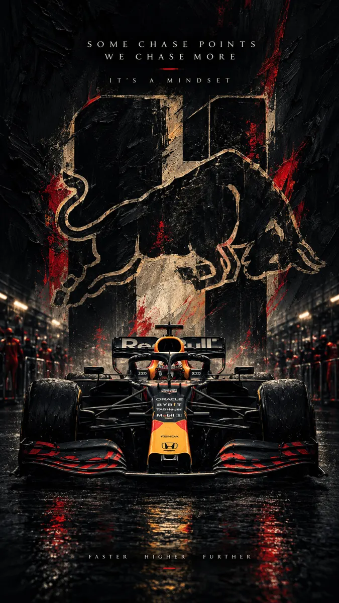 F1-Rennwagen geparkt in einer dunklen, nassen Boxengasse mit einem großen Bullen-Logo darüber.
