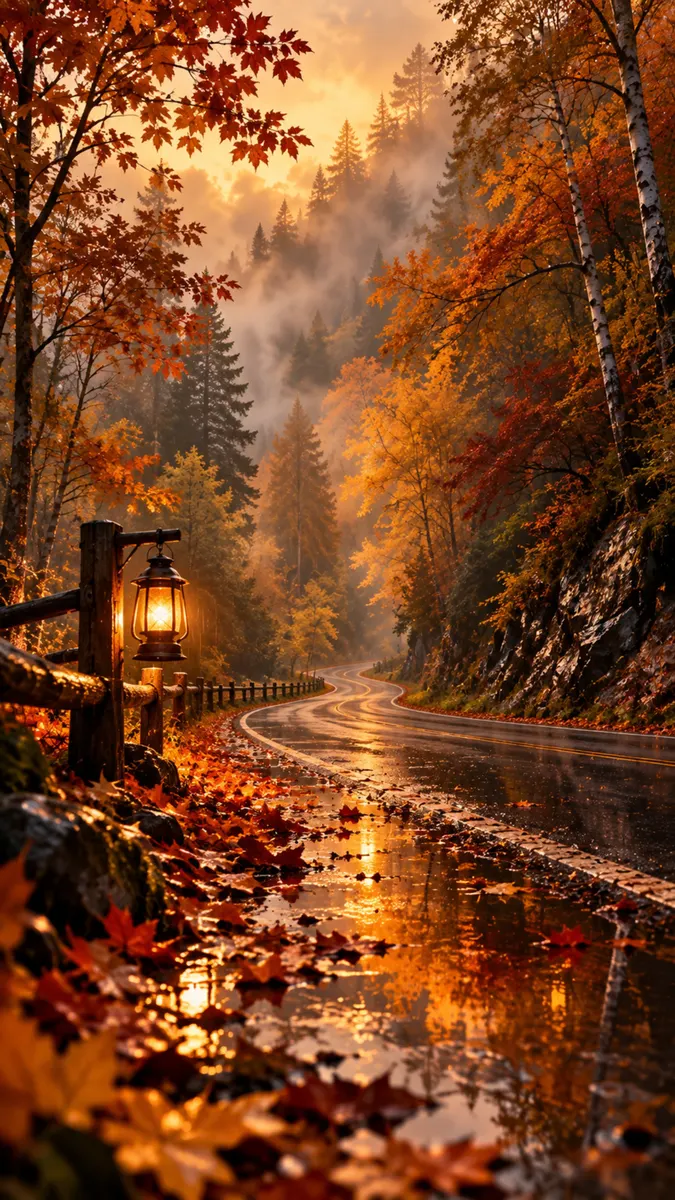 Une route sinueuse et mouillée à travers une forêt automnale brumeuse avec des feuilles d'érable une lanterne brillante sur une clôture en bois.