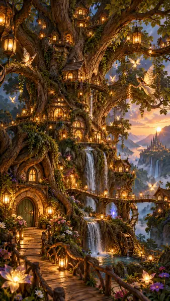 Fantasy Treehouse Village Waterfall Wallpaper wallpaper