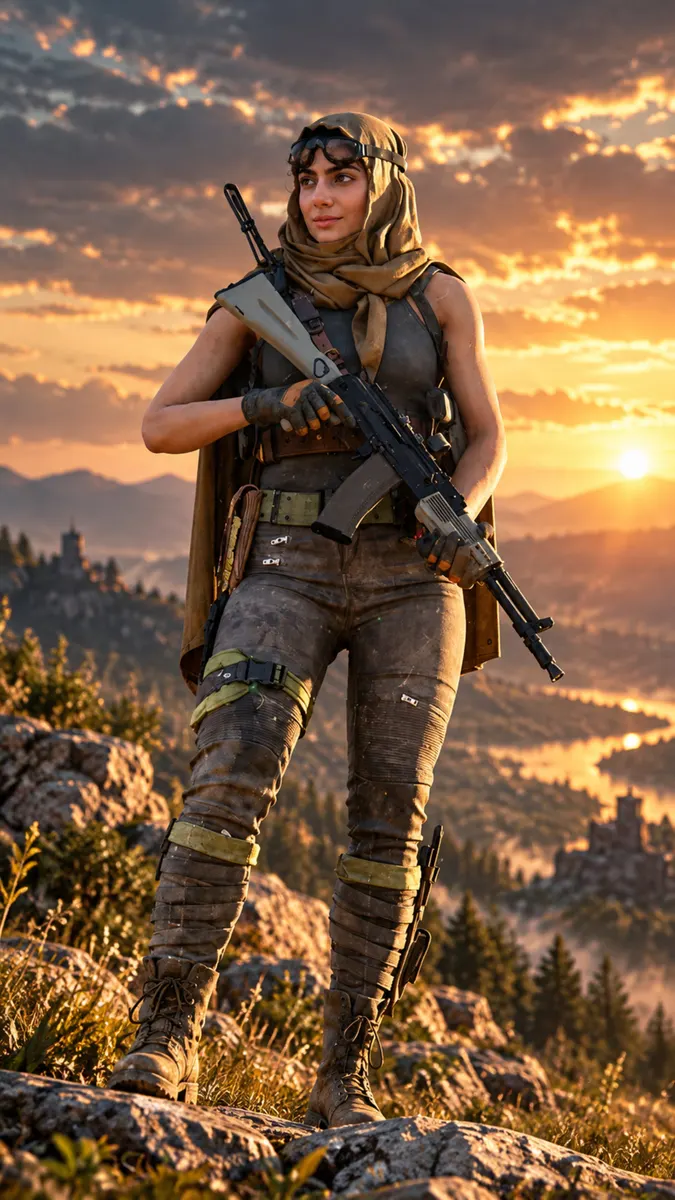 Farah Karim in taktischer Ausrüstung mit Kopftuch und Schutzbrille hält ein Gewehr auf einem Berg bei Sonnenuntergang