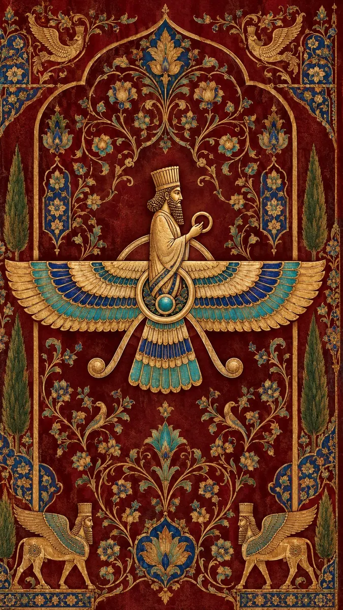 Das goldene Faravahar-Symbol mit blauen Flügeln, zentriert auf einem dunkelroten Hintergrund mit verzierten Blumenrändern und zwei geflügelten Kreaturen darunter.