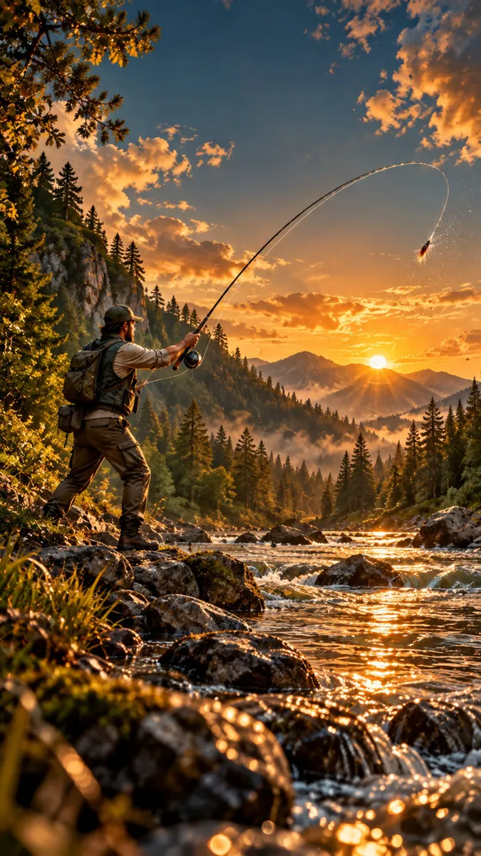 Un homme en gilet et casquette lançant une canne à pêche dans une rivière avec des montagnes et une forêt en arrière-plan au coucher du soleil.