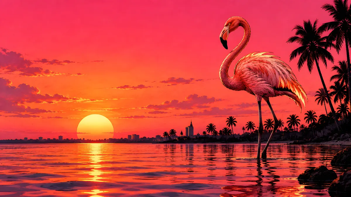Um flamingo rosa em pé em águas calmas durante um pôr do sol laranja brilhante com palmeiras na costa da praia.