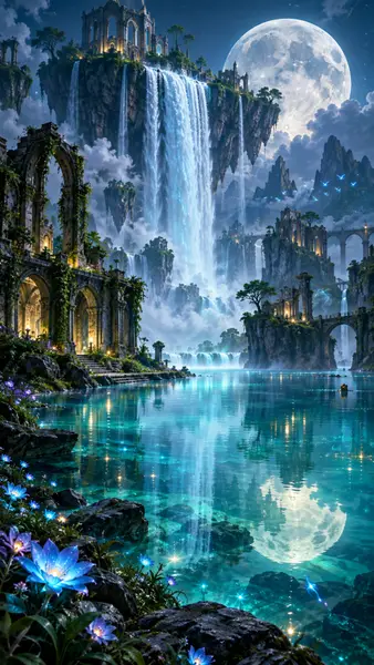 Air terjun besar mengalir dari pulau-pulau melayang ke danau jernih dengan bunga biru bersinar di latar depan di bawah bulan yang terang.