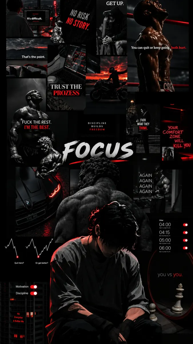 Uma colagem escura de imagens motivacionais incluindo um fisiculturista, um carro esportivo e uma pessoa sentada em profunda reflexão com sobreposições de texto vermelho.