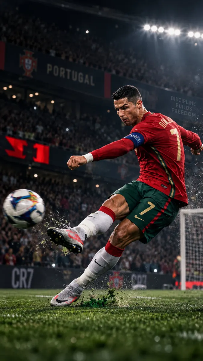 Cristiano Ronaldo chutando uma bola de futebol enquanto veste sua camisa vermelha de Portugal e shorts verdes em um campo de grama.