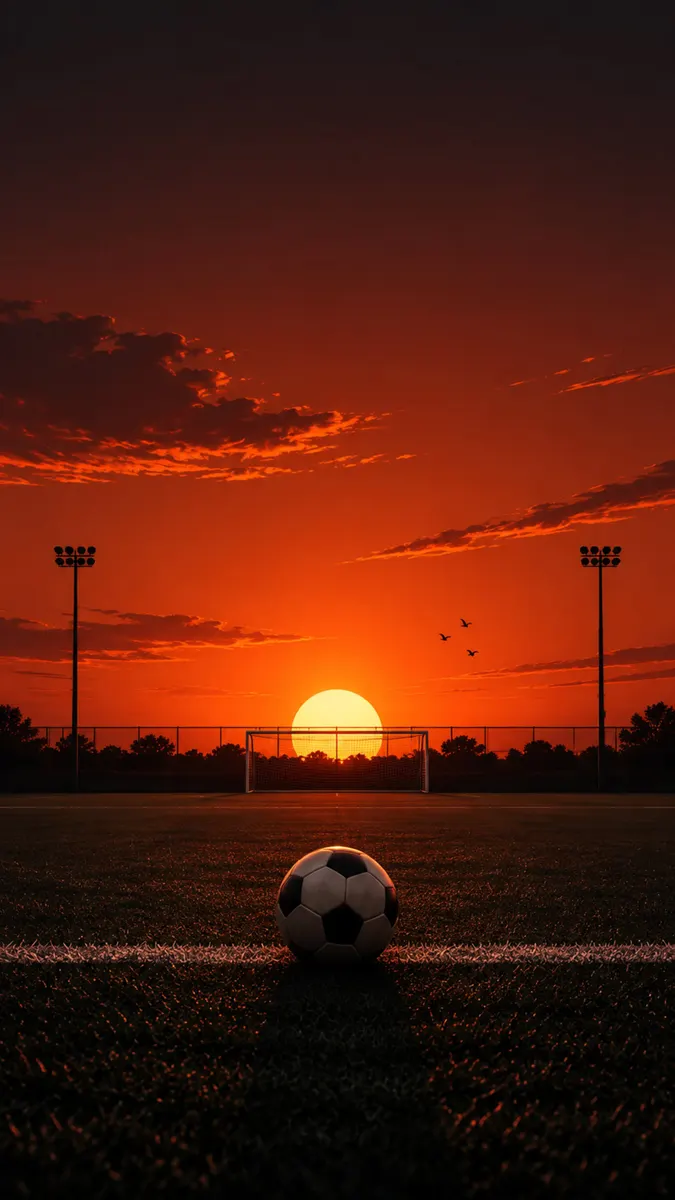 Parlak turuncu bir gün batımı sırasında kale önündeki çimlerin üzerinde duran siyah beyaz bir futbol topu.