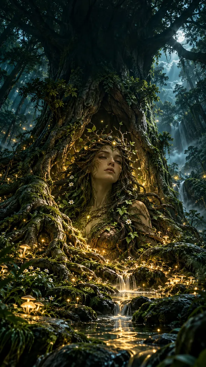 Eine Frau mit einer Krone aus Zweigen und Blättern, die aus einem großen Baumstamm in einem dunklen Wald mit leuchtenden Pilzen und Wasserfällen hervorgeht.