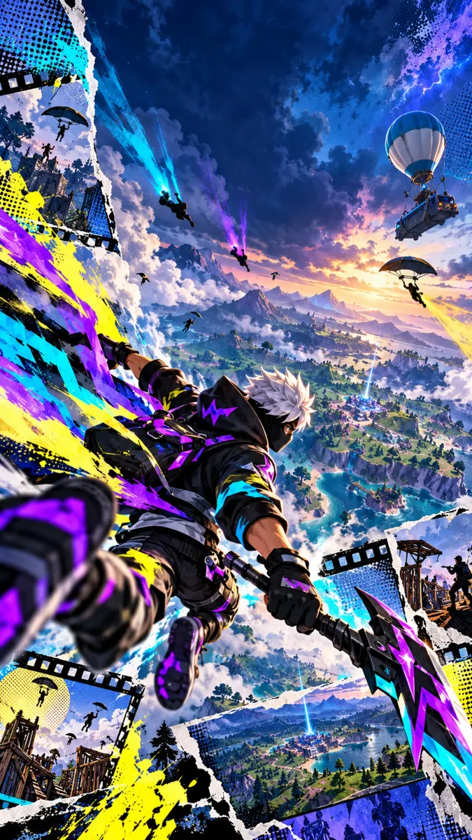 Um personagem de moletom preto com detalhes roxos salta no ar segurando uma picareta brilhante sobre um mapa de jogo.