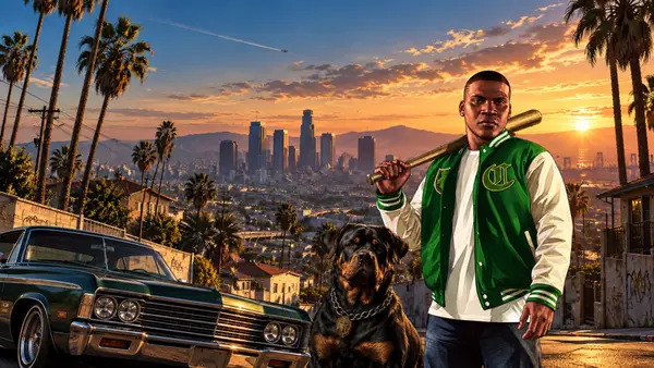 Franklin Clinton hält einen Baseballschläger mit seinem Hund Chop neben einem grünen Auto vor einer Skyline bei Sonnenuntergang