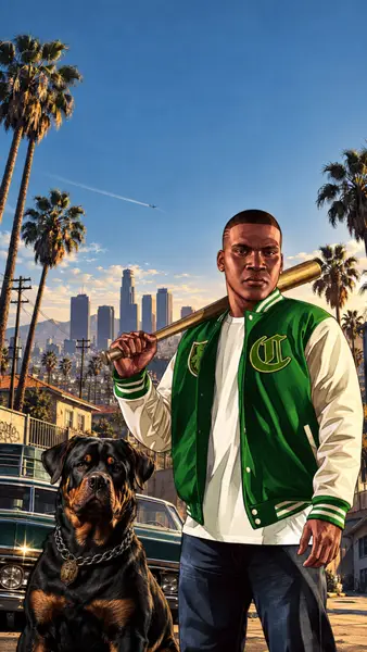 Franklin Clinton hält einen Baseballschläger, während sein Rottweiler vor dem Hintergrund der Skyline von Los Santos steht.