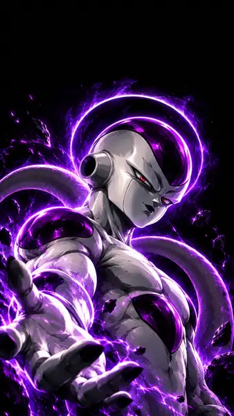 Frieza in seiner finalen Form streckt sich nach vorne mit einer leuchtenden violetten Aura und dunklem Hintergrund